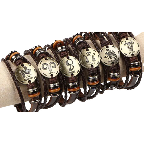 12 Constellation Zodiac Charm Leather Bracelet Hand Made Men Women Unisex Bangle - Picture 4 of 10
